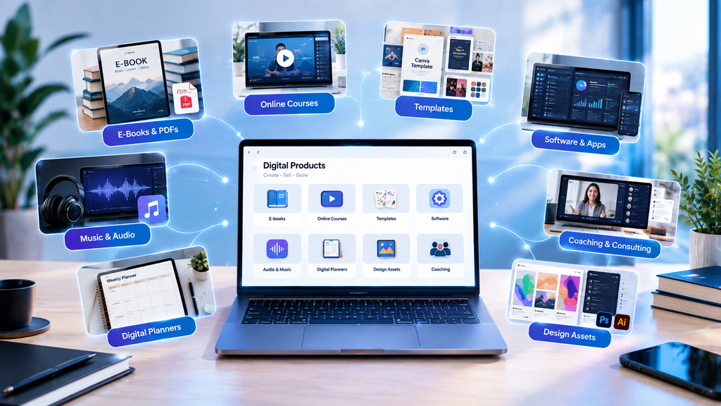 Types of digital products including ebooks courses templates and software