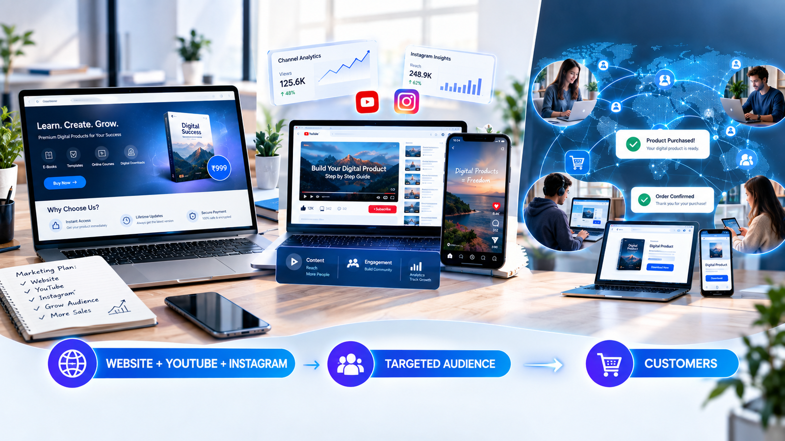 How to market digital products using a website YouTube and Instagram