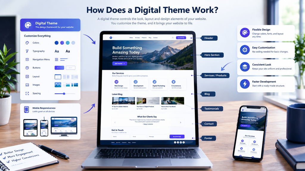 How does a digital theme work on a website